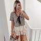 Women Fashion Casual Stripe Short Sleeve Lace-Up Knitwear Women Fashion Casual Stripe Short Sleeve Lace-Up Knitwear