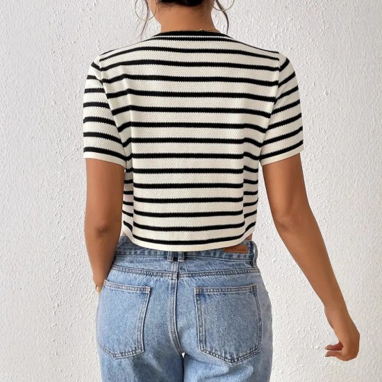 Women Fashion Casual Stripe Short Sleeve Lace-Up Knitwear Women Fashion Casual Stripe Short Sleeve Lace-Up Knitwear