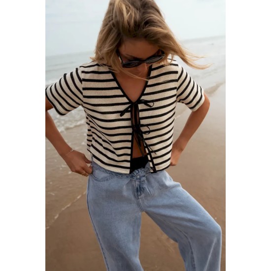 Women Fashion Casual Stripe Short Sleeve Lace-Up Knitwear Women Fashion Casual Stripe Short Sleeve Lace-Up Knitwear