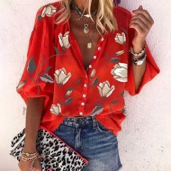 Women Fashion Casual Floral Print Lapel Long-Sleeve Single Breasted Loose Blouse