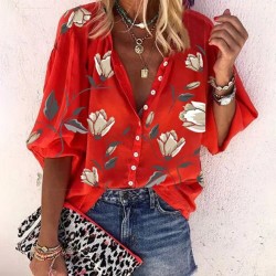 Women Fashion Casual Floral Print Lapel Long-Sleeve Single Breasted Loose Blouse