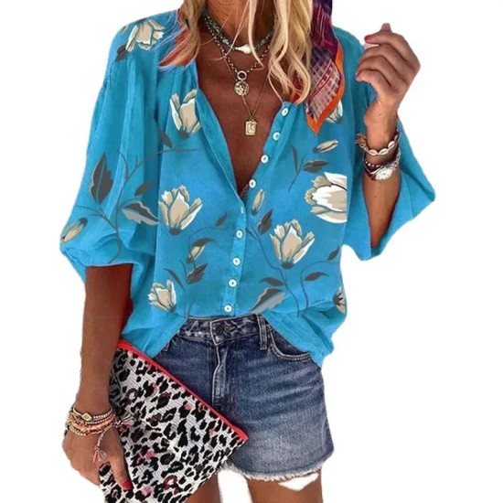 Women Fashion Casual Floral Print Lapel Long-Sleeve Single Breasted Loose Blouse Women Fashion Casual Floral Print Lapel Long-Sleeve Single Breasted Loose Blouse