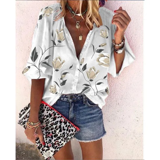 Women Fashion Casual Floral Print Lapel Long-Sleeve Single Breasted Loose Blouse Women Fashion Casual Floral Print Lapel Long-Sleeve Single Breasted Loose Blouse