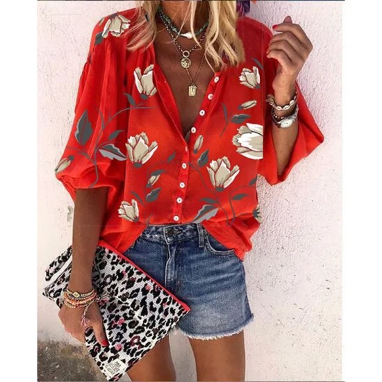Women Fashion Casual Floral Print Lapel Long-Sleeve Single Breasted Loose Blouse Women Fashion Casual Floral Print Lapel Long-Sleeve Single Breasted Loose Blouse