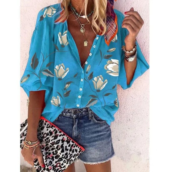 Women Fashion Casual Floral Print Lapel Long-Sleeve Single Breasted Loose Blouse Women Fashion Casual Floral Print Lapel Long-Sleeve Single Breasted Loose Blouse