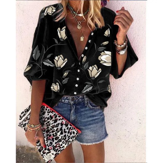 Women Fashion Casual Floral Print Lapel Long-Sleeve Single Breasted Loose Blouse Women Fashion Casual Floral Print Lapel Long-Sleeve Single Breasted Loose Blouse