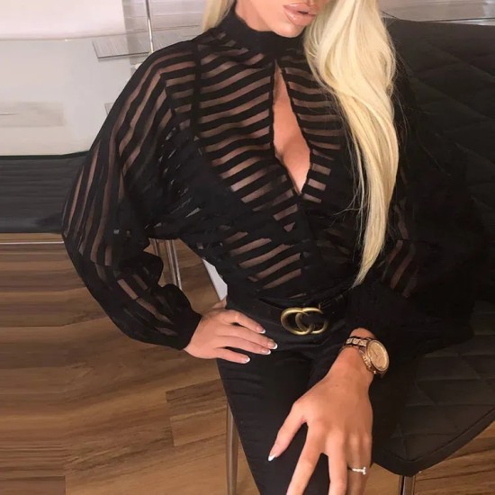 S-XL Women Sexy Stand Collar Hollow Out Stripe Pattern See-through Blouse S-XL Women Sexy Stand Collar Hollow Out Stripe Pattern See-through Blouse