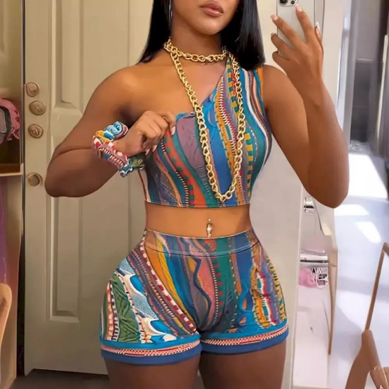 Women Sexy Print One-Shoulder Crop Top And Shorts Two-Piece Set Women Sexy Print One-Shoulder Crop Top And Shorts Two-Piece Set
