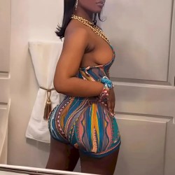 Women Sexy Print One-Shoulder Crop Top And Shorts Two-Piece Set