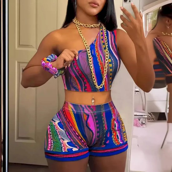Women Sexy Print One-Shoulder Crop Top And Shorts Two-Piece Set Women Sexy Print One-Shoulder Crop Top And Shorts Two-Piece Set