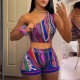 Women Sexy Print One-Shoulder Crop Top And Shorts Two-Piece Set Women Sexy Print One-Shoulder Crop Top And Shorts Two-Piece Set