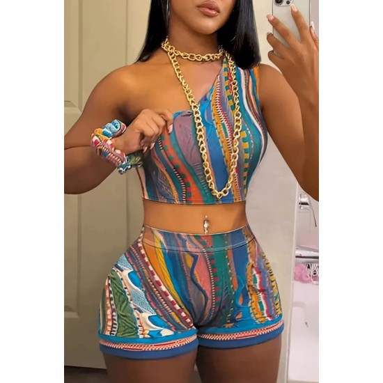 Women Sexy Print One-Shoulder Crop Top And Shorts Two-Piece Set Women Sexy Print One-Shoulder Crop Top And Shorts Two-Piece Set