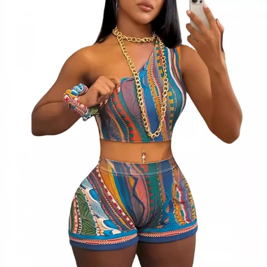 Women Sexy Print One-Shoulder Crop Top And Shorts Two-Piece Set Women Sexy Print One-Shoulder Crop Top And Shorts Two-Piece Set
