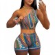 Women Sexy Print One-Shoulder Crop Top And Shorts Two-Piece Set Women Sexy Print One-Shoulder Crop Top And Shorts Two-Piece Set