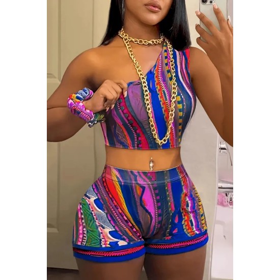Women Sexy Print One-Shoulder Crop Top And Shorts Two-Piece Set Women Sexy Print One-Shoulder Crop Top And Shorts Two-Piece Set