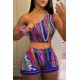 Women Sexy Print One-Shoulder Crop Top And Shorts Two-Piece Set Women Sexy Print One-Shoulder Crop Top And Shorts Two-Piece Set