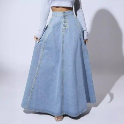 Women Fashion Single-Breasted Denim Skirt