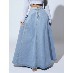 Women Fashion Single-Breasted Denim Skirt
