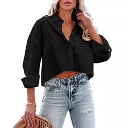 Women Fashion Casual Solid Color Lapel Long-Sleeve Crop Top Blouse