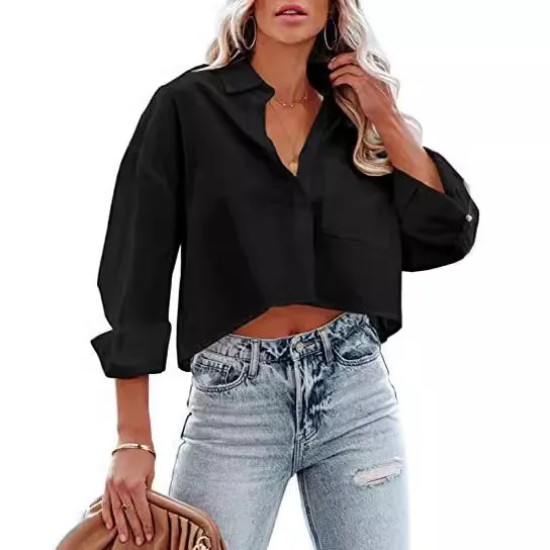 Women Fashion Casual Solid Color Lapel Long-Sleeve Crop Top Blouse Women Fashion Casual Solid Color Lapel Long-Sleeve Crop Top Blouse