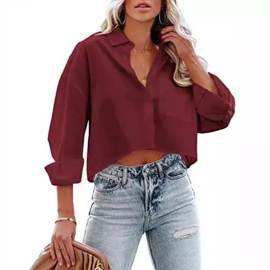 Women Fashion Casual Solid Color Lapel Long-Sleeve Crop Top Blouse Women Fashion Casual Solid Color Lapel Long-Sleeve Crop Top Blouse