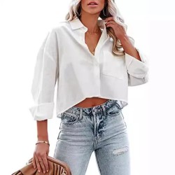 Women Fashion Casual Solid Color Lapel Long-Sleeve Crop Top Blouse