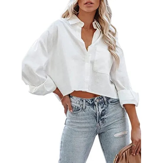 Women Fashion Casual Solid Color Lapel Long-Sleeve Crop Top Blouse Women Fashion Casual Solid Color Lapel Long-Sleeve Crop Top Blouse
