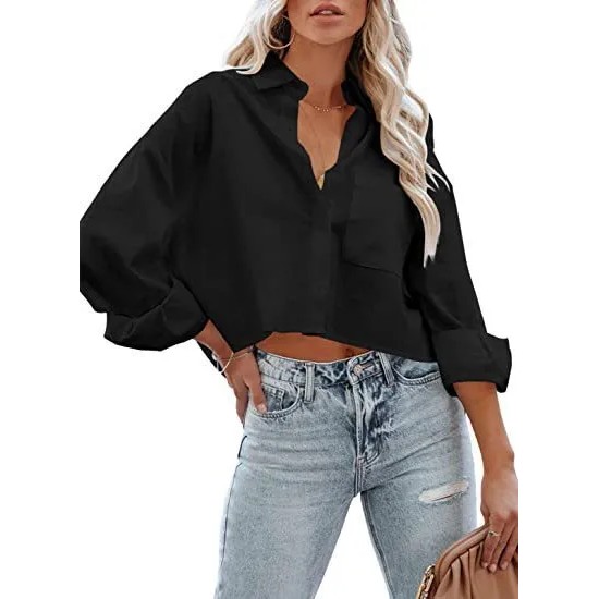 Women Fashion Casual Solid Color Lapel Long-Sleeve Crop Top Blouse Women Fashion Casual Solid Color Lapel Long-Sleeve Crop Top Blouse