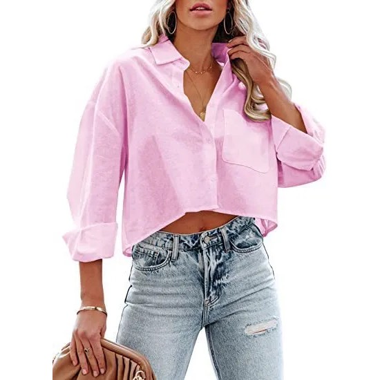 Women Fashion Casual Solid Color Lapel Long-Sleeve Crop Top Blouse Women Fashion Casual Solid Color Lapel Long-Sleeve Crop Top Blouse