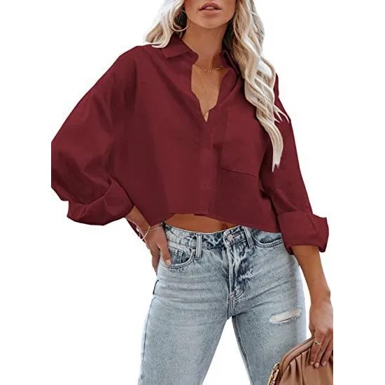 Women Fashion Casual Solid Color Lapel Long-Sleeve Crop Top Blouse Women Fashion Casual Solid Color Lapel Long-Sleeve Crop Top Blouse