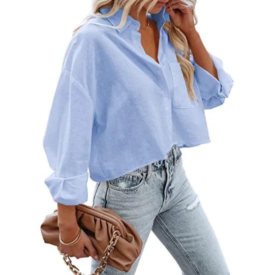 Women Fashion Casual Solid Color Lapel Long-Sleeve Crop Top Blouse Women Fashion Casual Solid Color Lapel Long-Sleeve Crop Top Blouse
