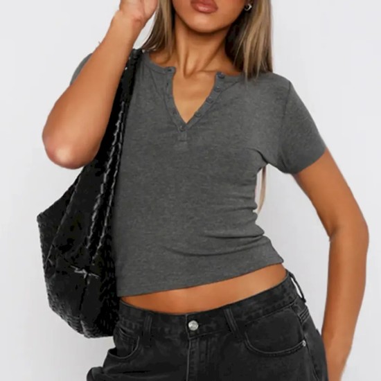 Women Fashion Sexy Solid Color Threaded V-Neck Short-Sleeve Slim-Fit T-Shirt Women Fashion Sexy Solid Color Threaded V-Neck Short-Sleeve Slim-Fit T-Shirt