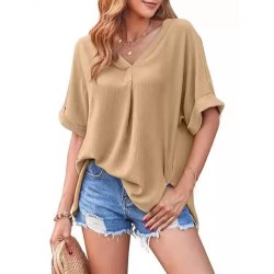 Women Fashion Casual Solid Color V-Neck Short-Sleeve Loose Blouse