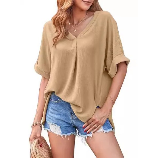 Women Fashion Casual Solid Color V-Neck Short-Sleeve Loose Blouse Women Fashion Casual Solid Color V-Neck Short-Sleeve Loose Blouse