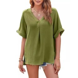 Women Fashion Casual Solid Color V-Neck Short-Sleeve Loose Blouse