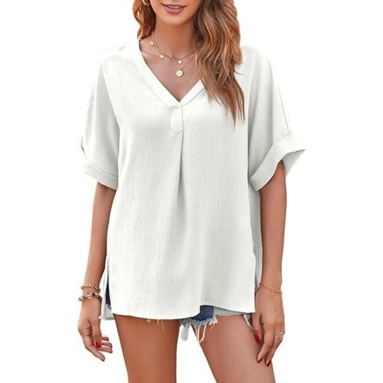 Women Fashion Casual Solid Color V-Neck Short-Sleeve Loose Blouse Women Fashion Casual Solid Color V-Neck Short-Sleeve Loose Blouse