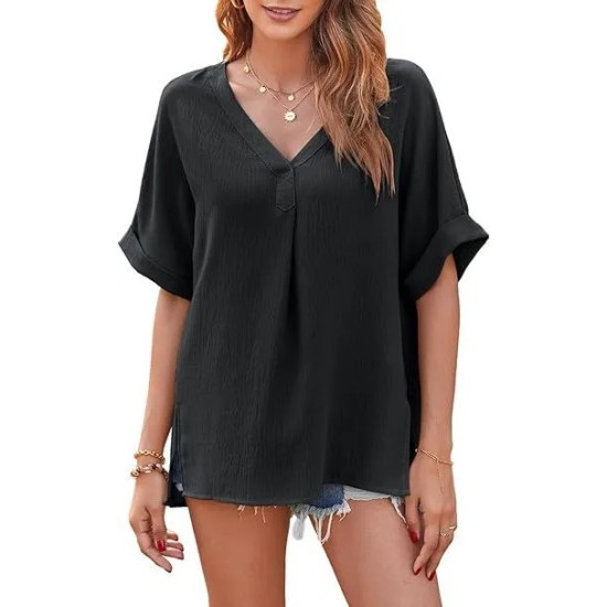 Women Fashion Casual Solid Color V-Neck Short-Sleeve Loose Blouse Women Fashion Casual Solid Color V-Neck Short-Sleeve Loose Blouse