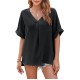 Women Fashion Casual Solid Color V-Neck Short-Sleeve Loose Blouse Women Fashion Casual Solid Color V-Neck Short-Sleeve Loose Blouse