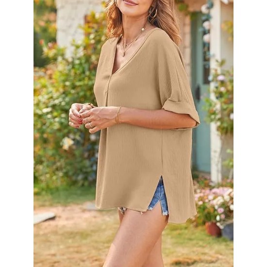 Women Fashion Casual Solid Color V-Neck Short-Sleeve Loose Blouse Women Fashion Casual Solid Color V-Neck Short-Sleeve Loose Blouse