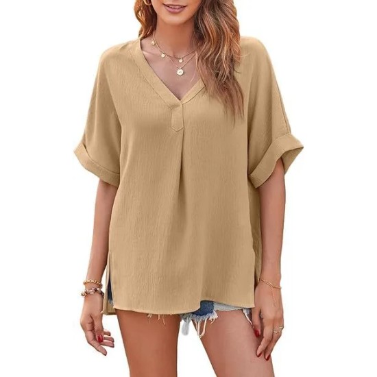 Women Fashion Casual Solid Color V-Neck Short-Sleeve Loose Blouse Women Fashion Casual Solid Color V-Neck Short-Sleeve Loose Blouse