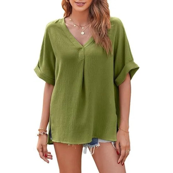 Women Fashion Casual Solid Color V-Neck Short-Sleeve Loose Blouse Women Fashion Casual Solid Color V-Neck Short-Sleeve Loose Blouse