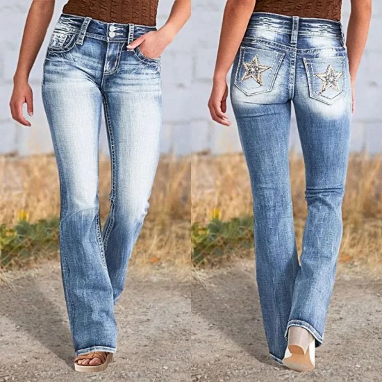 Women Retro High Waist Straight Stretch Jeans Women Retro High Waist Straight Stretch Jeans