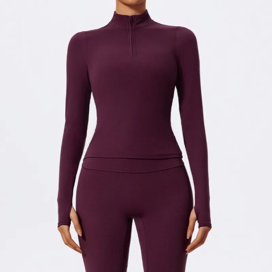 Women Fashion Solid Color Half-Zipper Long-Sleeve Finger Exposed Yoga Sports Top Women Fashion Solid Color Half-Zipper Long-Sleeve Finger Exposed Yoga Sports Top