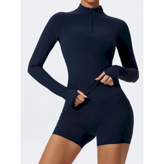 Women Fashion Solid Color Half-Zipper Long-Sleeve Finger Exposed Yoga Sports Top Women Fashion Solid Color Half-Zipper Long-Sleeve Finger Exposed Yoga Sports Top