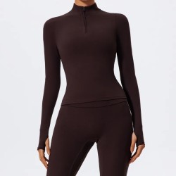 Women Fashion Solid Color Half-Zipper Long-Sleeve Finger Exposed Yoga Sports Top