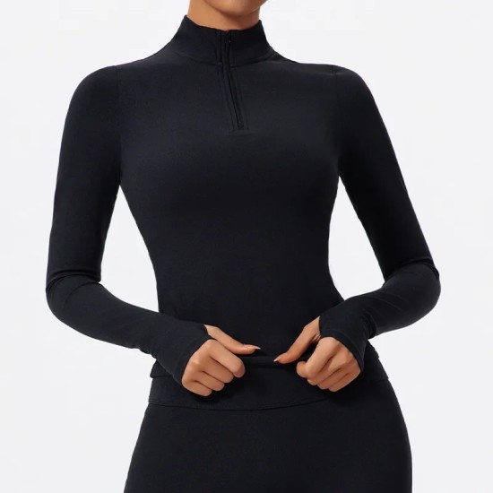 Women Fashion Solid Color Half-Zipper Long-Sleeve Finger Exposed Yoga Sports Top Women Fashion Solid Color Half-Zipper Long-Sleeve Finger Exposed Yoga Sports Top