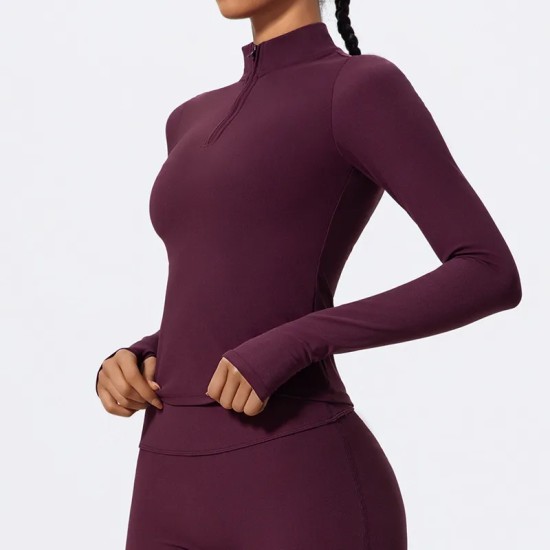 Women Fashion Solid Color Half-Zipper Long-Sleeve Finger Exposed Yoga Sports Top Women Fashion Solid Color Half-Zipper Long-Sleeve Finger Exposed Yoga Sports Top