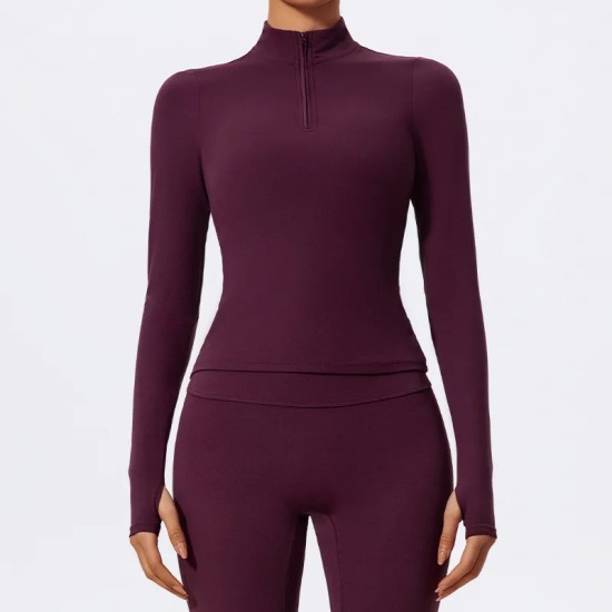 Women Fashion Solid Color Half-Zipper Long-Sleeve Finger Exposed Yoga Sports Top Women Fashion Solid Color Half-Zipper Long-Sleeve Finger Exposed Yoga Sports Top