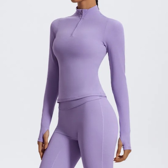 Women Fashion Solid Color Half-Zipper Long-Sleeve Finger Exposed Yoga Sports Top Women Fashion Solid Color Half-Zipper Long-Sleeve Finger Exposed Yoga Sports Top