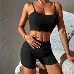 Women Fashion Sexy Solid Color Camisole High Waist Shorts Two-Piece Set